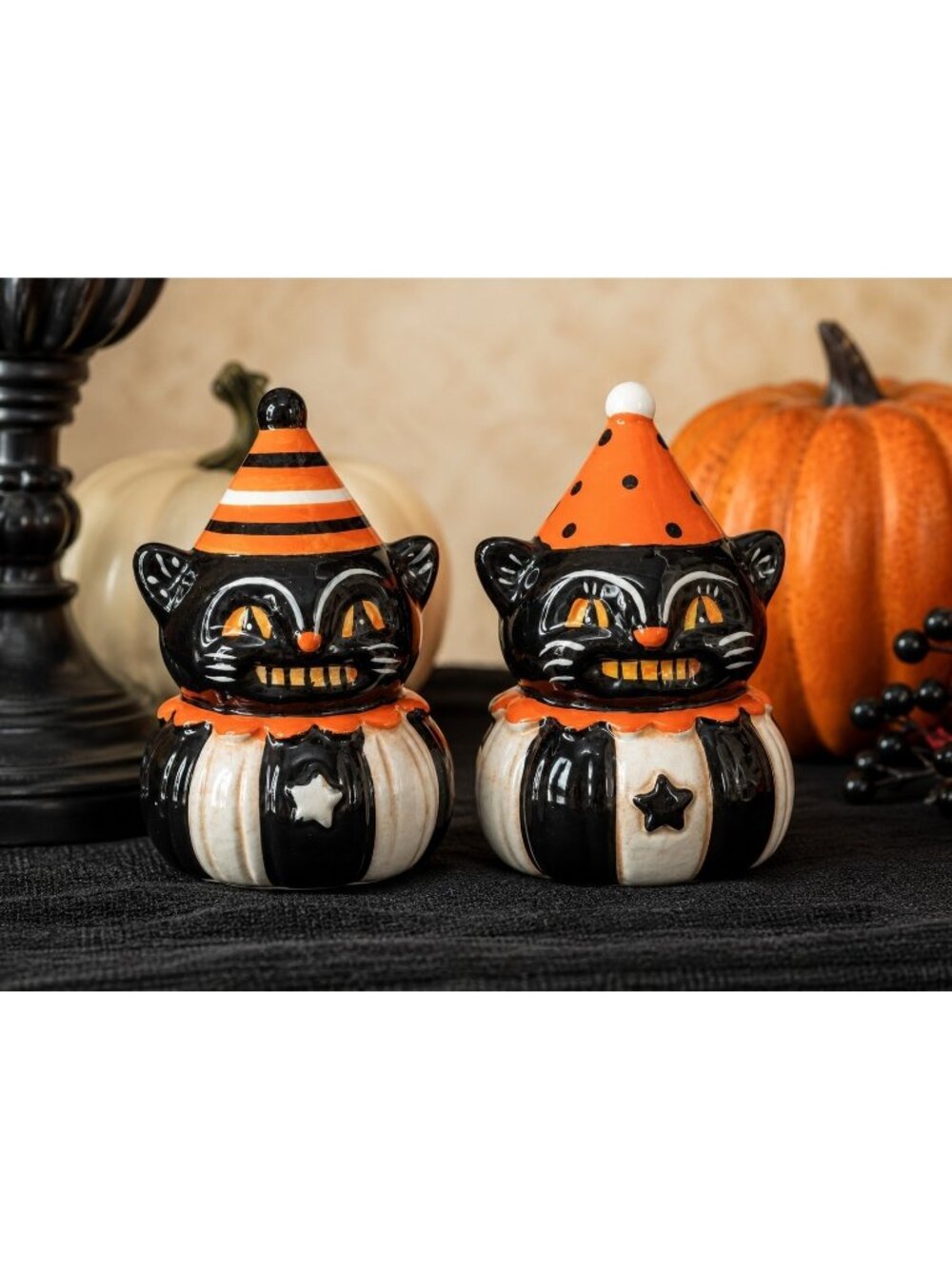 Johanna Parker Halloween Black Cat Salt Pepper Shakers Party Hats Boxed New